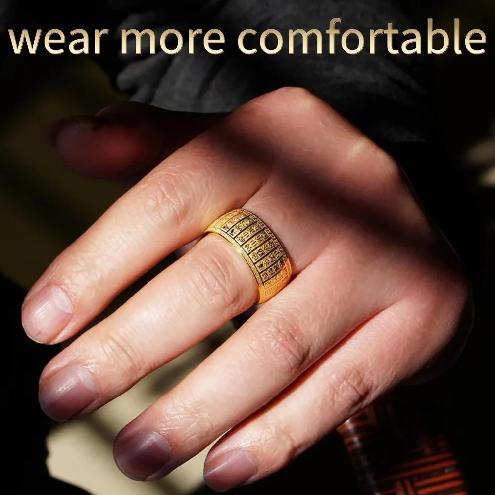 Carved Ancient Chinese Buddhist Scripture Supernatural Signet Rings Stainless Steel Gold