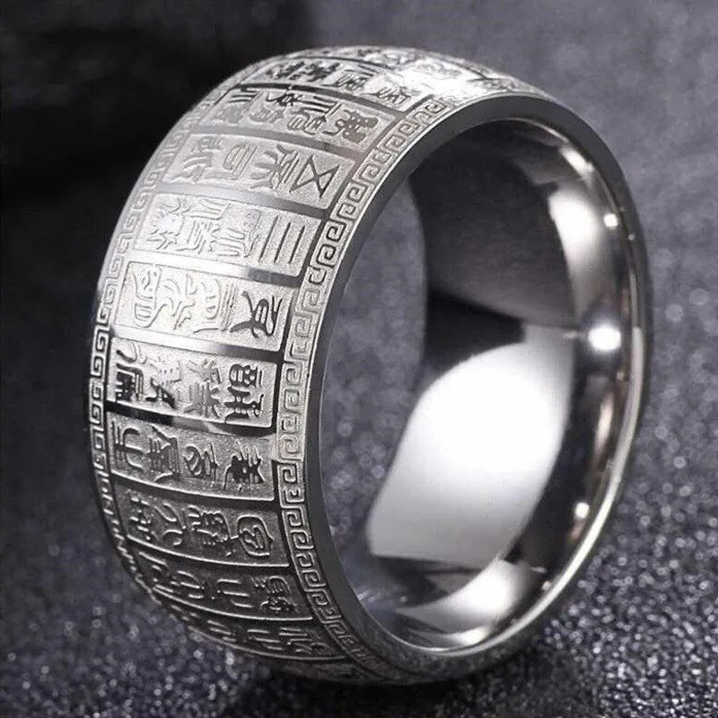 Carved Ancient Chinese Buddhist Scripture Supernatural Signet Rings Stainless Steel Gold