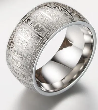 Carved Ancient Chinese Buddhist Scripture Supernatural Signet Rings Stainless Steel Gold