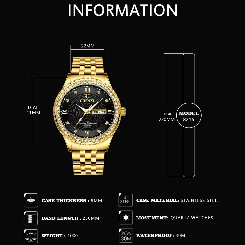 CHENXI Golden Stainless Steel Men Quartz Watch Male Fashion Luxury Quartz-Wristwatches Clock Gold Watches Relogio Masculino