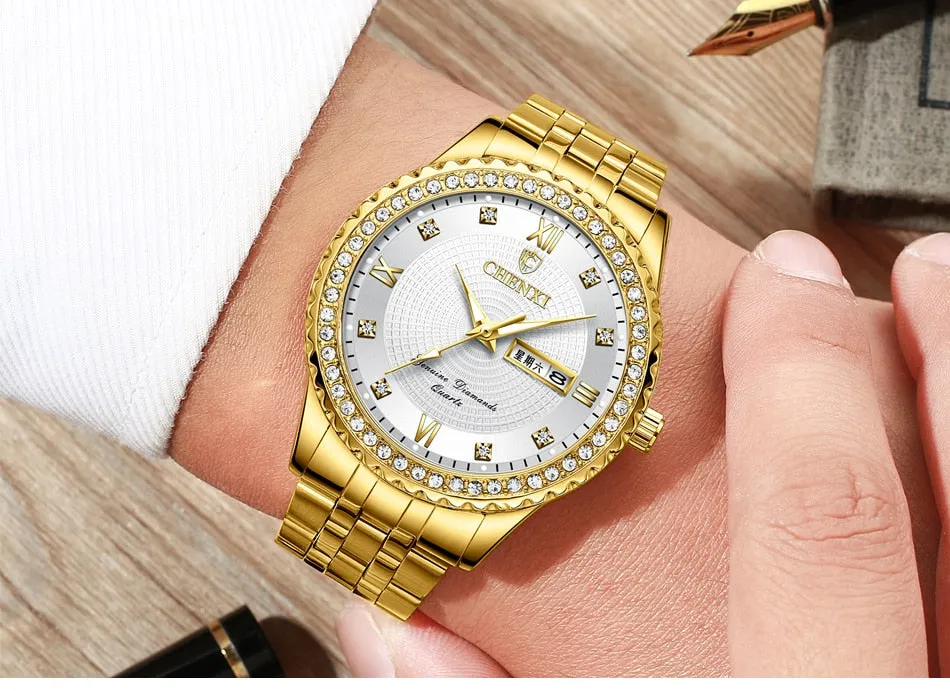 CHENXI Golden Stainless Steel Men Quartz Watch Male Fashion Luxury Quartz-Wristwatches Clock Gold Watches Relogio Masculino