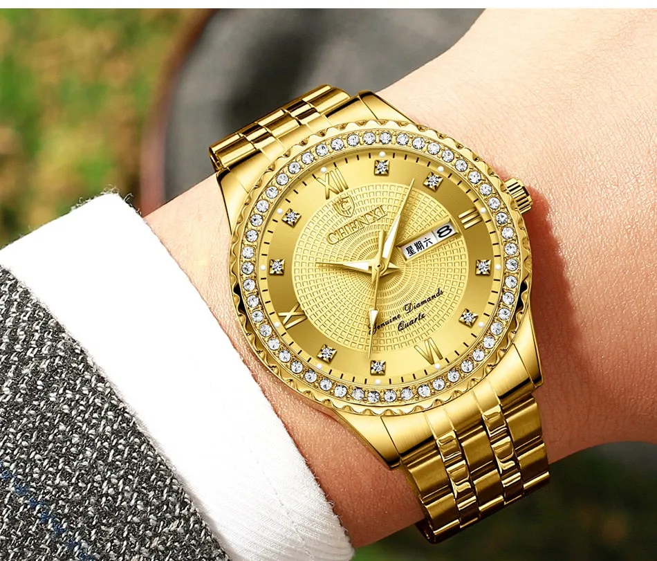 CHENXI Golden Stainless Steel Men Quartz Watch Male Fashion Luxury Quartz-Wristwatches Clock Gold Watches Relogio Masculino