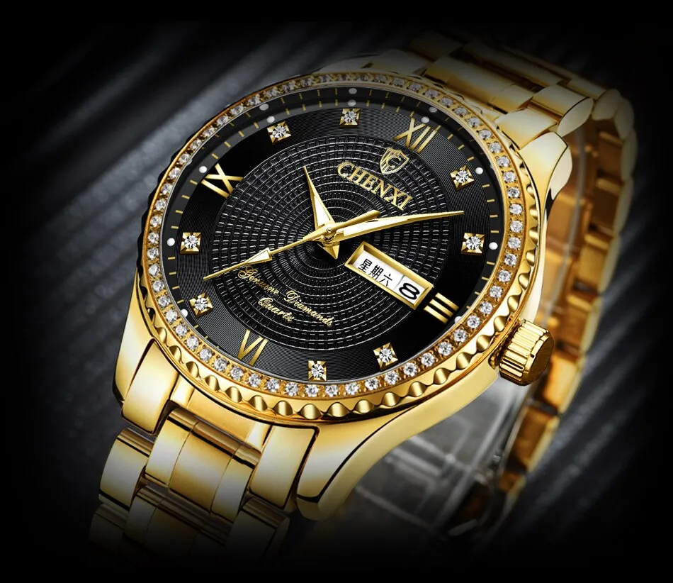 CHENXI Golden Stainless Steel Men Quartz Watch Male Fashion Luxury Quartz-Wristwatches Clock Gold Watches Relogio Masculino