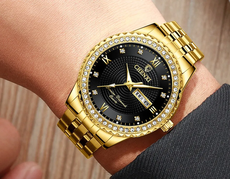 CHENXI Golden Stainless Steel Men Quartz Watch Male Fashion Luxury Quartz-Wristwatches Clock Gold Watches Relogio Masculino