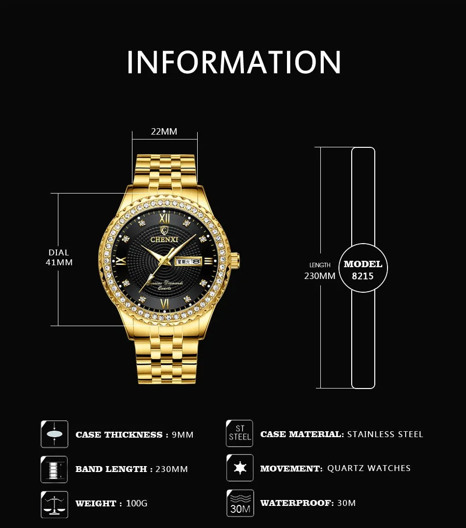 CHENXI Golden Stainless Steel Men Quartz Watch Male Fashion Luxury Quartz-Wristwatches Clock Gold Watches Relogio Masculino