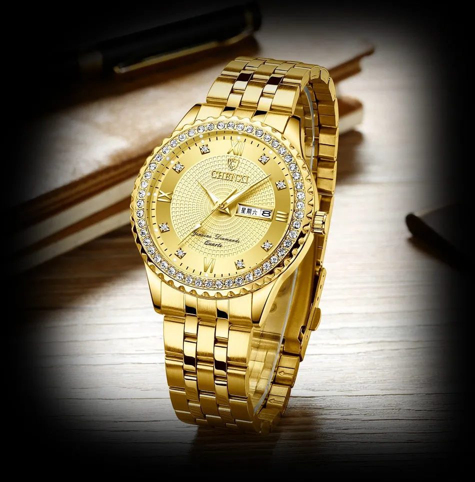 CHENXI Golden Stainless Steel Men Quartz Watch Male Fashion Luxury Quartz-Wristwatches Clock Gold Watches Relogio Masculino