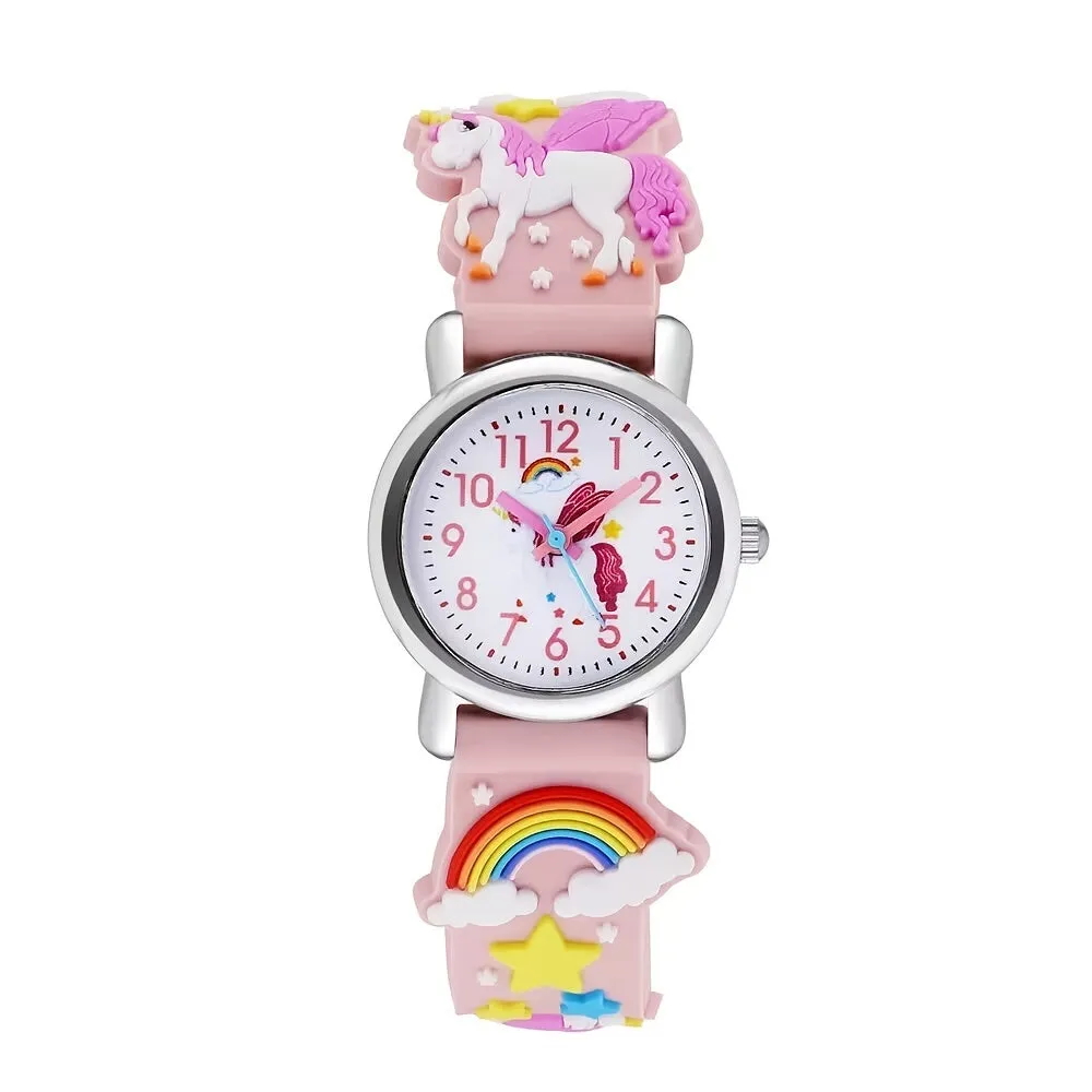 Children's Quartz Watch Rainbow White Horse 3-10 Years Old Cute Multicolor Soft Rubber Strap Boys Girls Student Girls Watch Wristwatch, Ideal choice for Gifts FS