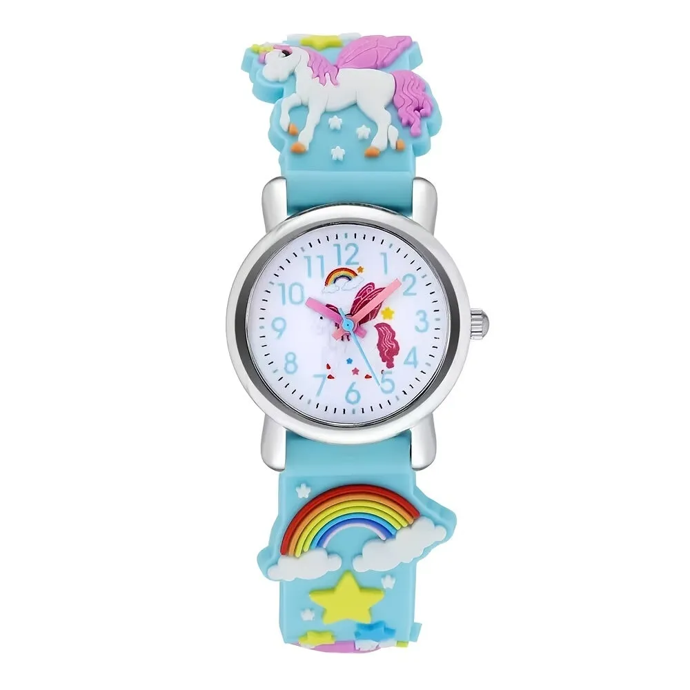 Children's Quartz Watch Rainbow White Horse 3-10 Years Old Cute Multicolor Soft Rubber Strap Boys Girls Student Girls Watch Wristwatch, Ideal choice for Gifts FS