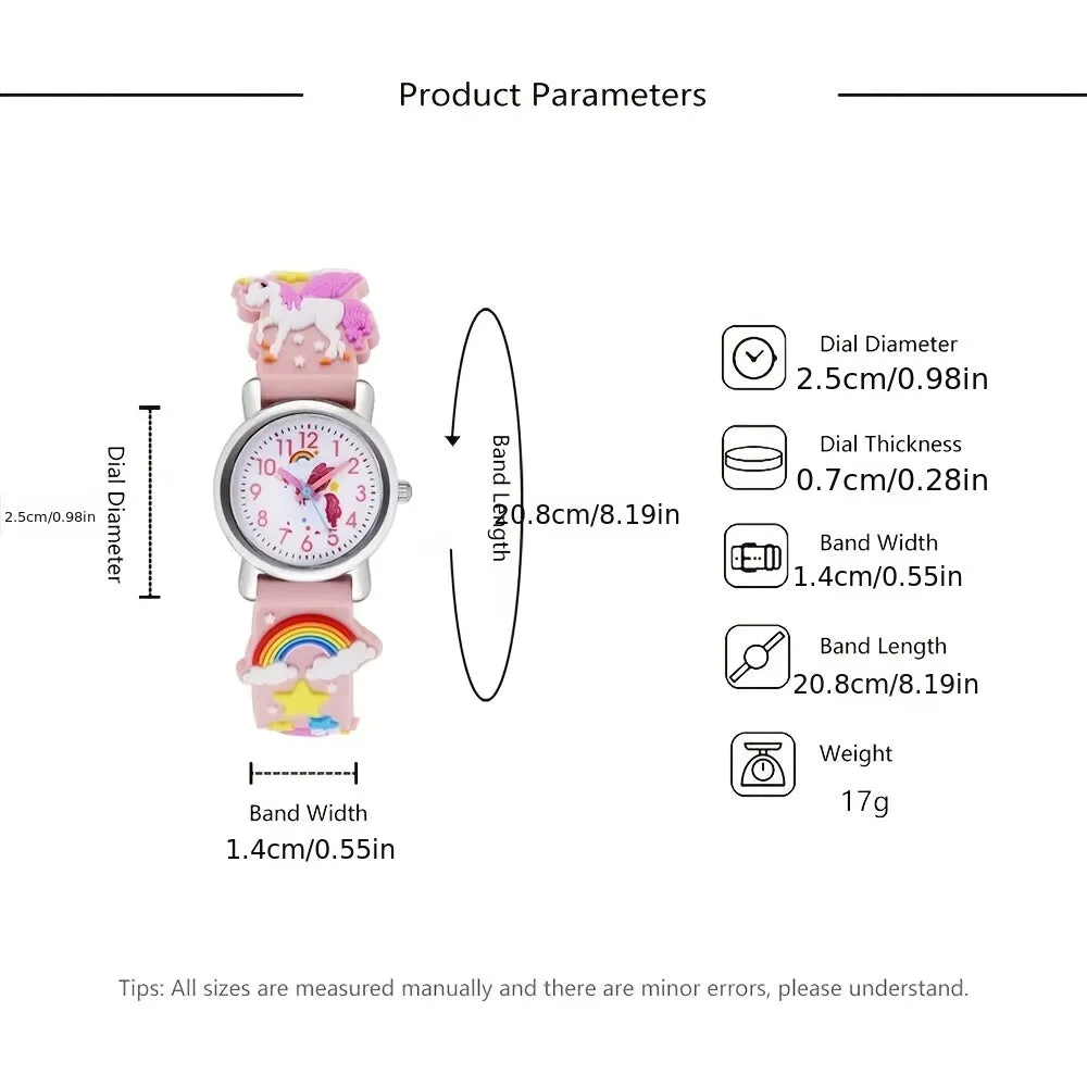 Children's Quartz Watch Rainbow White Horse 3-10 Years Old Cute Multicolor Soft Rubber Strap Boys Girls Student Girls Watch Wristwatch, Ideal choice for Gifts FS