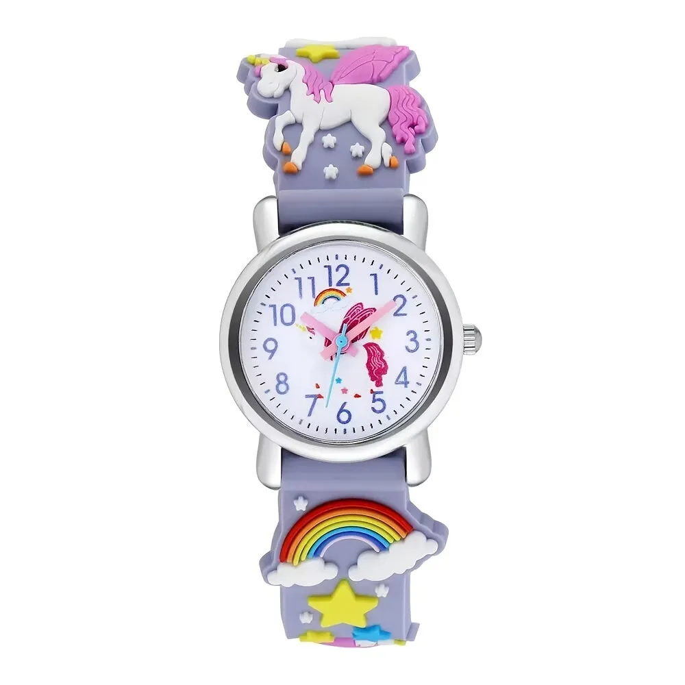 Children's Quartz Watch Rainbow White Horse 3-10 Years Old Cute Multicolor Soft Rubber Strap Boys Girls Student Girls Watch Wristwatch, Ideal choice for Gifts FS