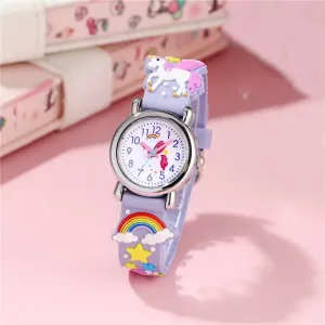 Children's Quartz Watch Rainbow White Horse 3-10 Years Old Cute Multicolor Soft Rubber Strap Boys Girls Student Girls Watch Wristwatch, Ideal choice for Gifts FS