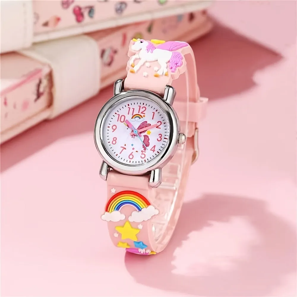 Children's Quartz Watch Rainbow White Horse 3-10 Years Old Cute Multicolor Soft Rubber Strap Boys Girls Student Girls Watch Wristwatch, Ideal choice for Gifts FS