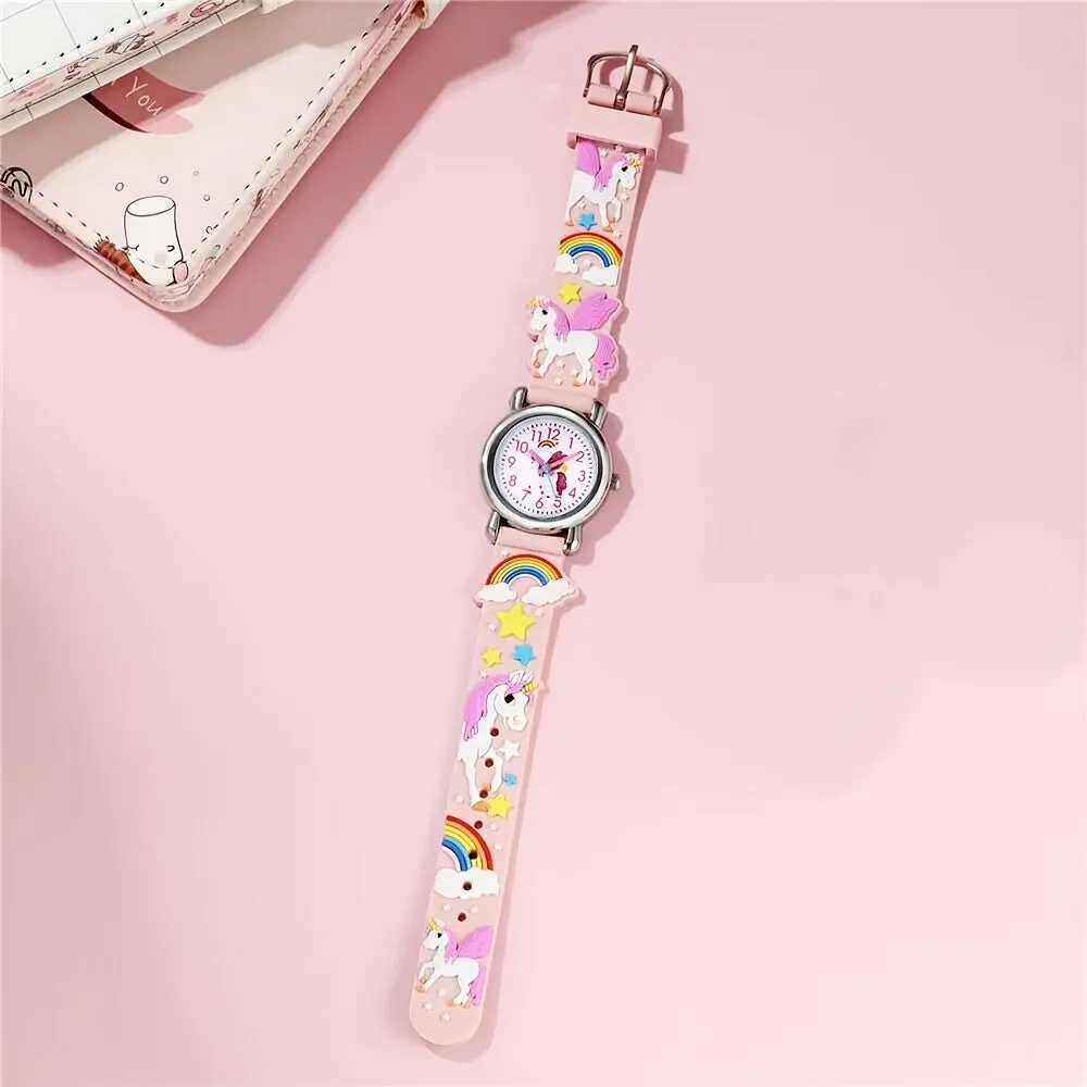 Children's Quartz Watch Rainbow White Horse 3-10 Years Old Cute Multicolor Soft Rubber Strap Boys Girls Student Girls Watch Wristwatch, Ideal choice for Gifts FS
