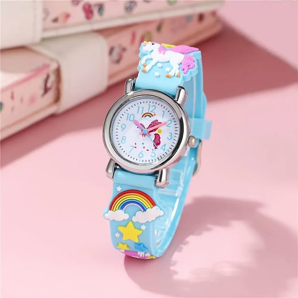 Children's Quartz Watch Rainbow White Horse 3-10 Years Old Cute Multicolor Soft Rubber Strap Boys Girls Student Girls Watch Wristwatch, Ideal choice for Gifts FS