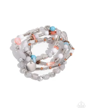 Cloudy Chic - Silver - Gray, Blue, and Pink Bead with Wooden and Silver Bead Paparazzi Stretchy Bracelet