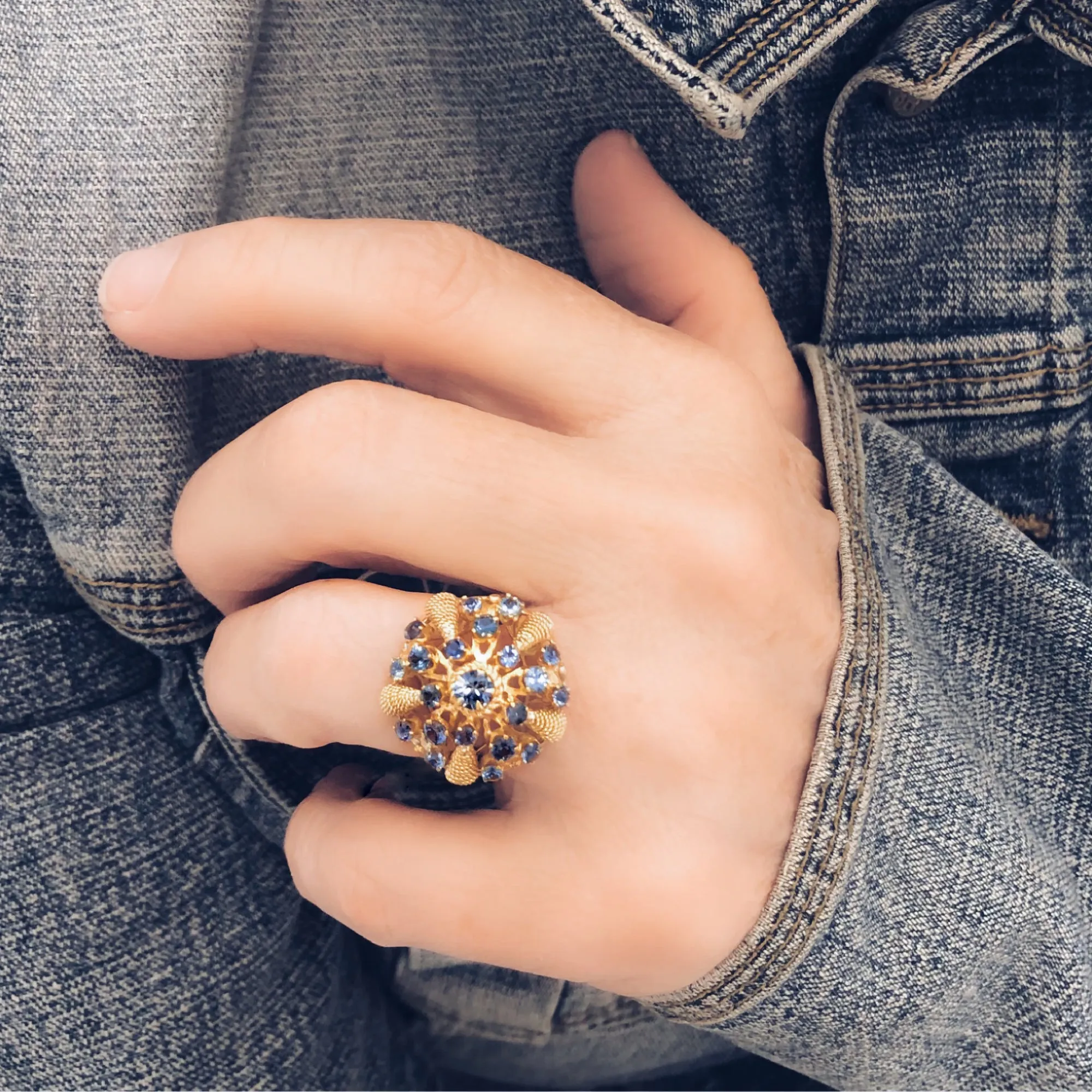 Cluster Sapphire Dome Ring Circa 1930 in 14K