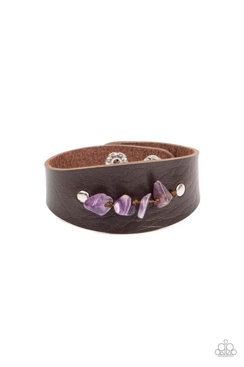 Colorful Canyoneer - Purple - Amethyst Pebble Brown Leather Paparazzi Snap Wrap Bracelet