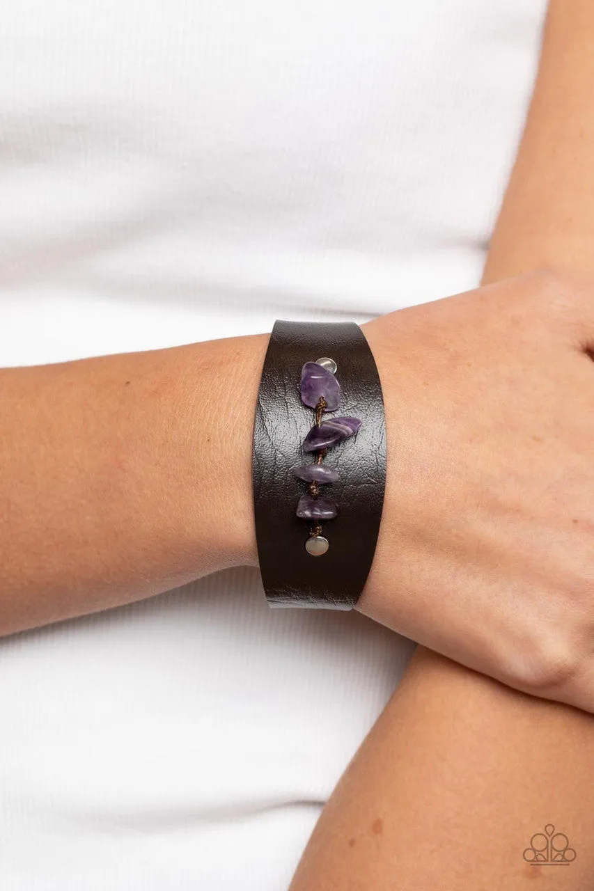 Colorful Canyoneer - Purple - Amethyst Pebble Brown Leather Paparazzi Snap Wrap Bracelet