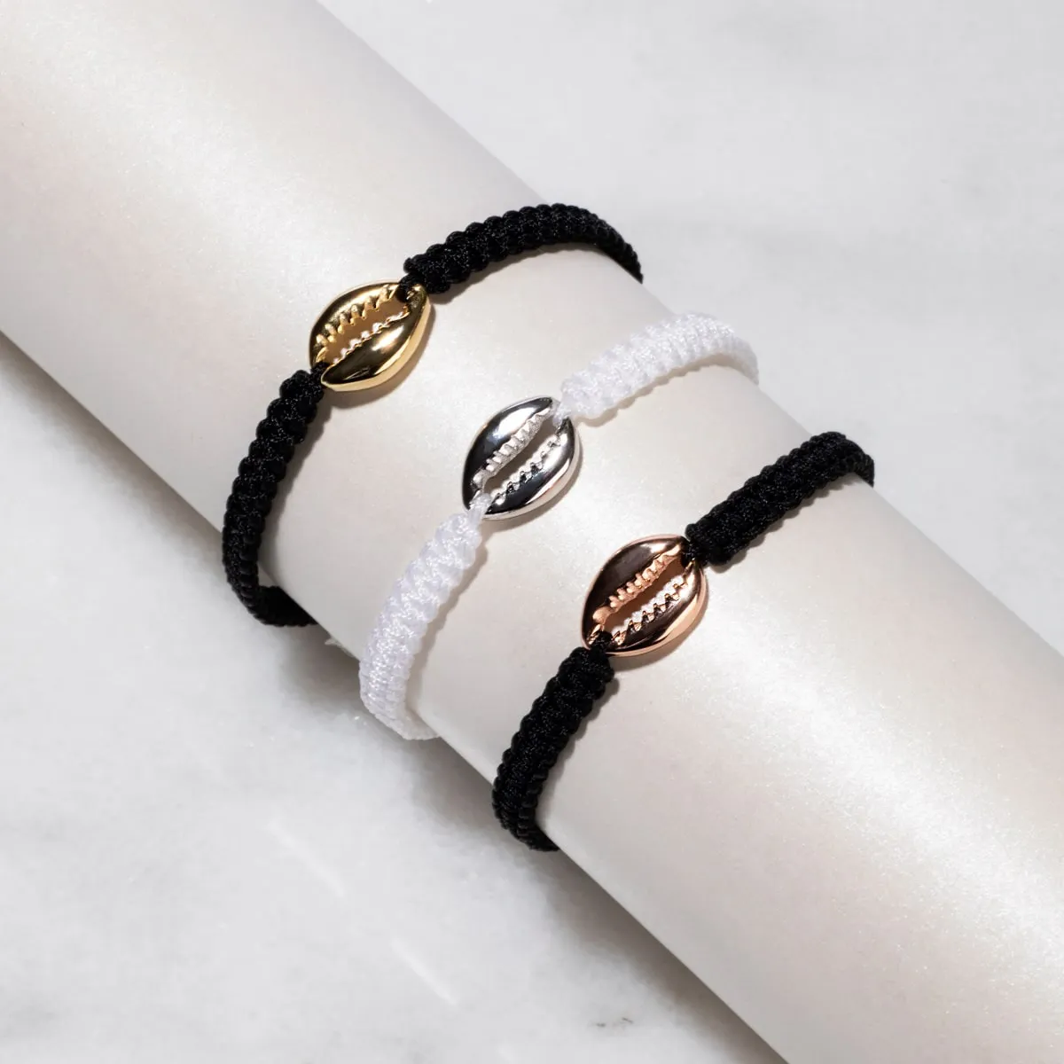 Cowrie Shell White Macrame Bracelet | .925 Sterling Silver