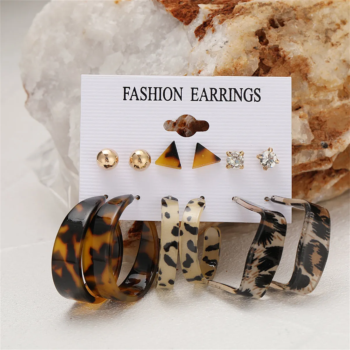 Cubic Zirconia & Acrylic 18K Gold-Plated Leopard Hoop Earrings Set