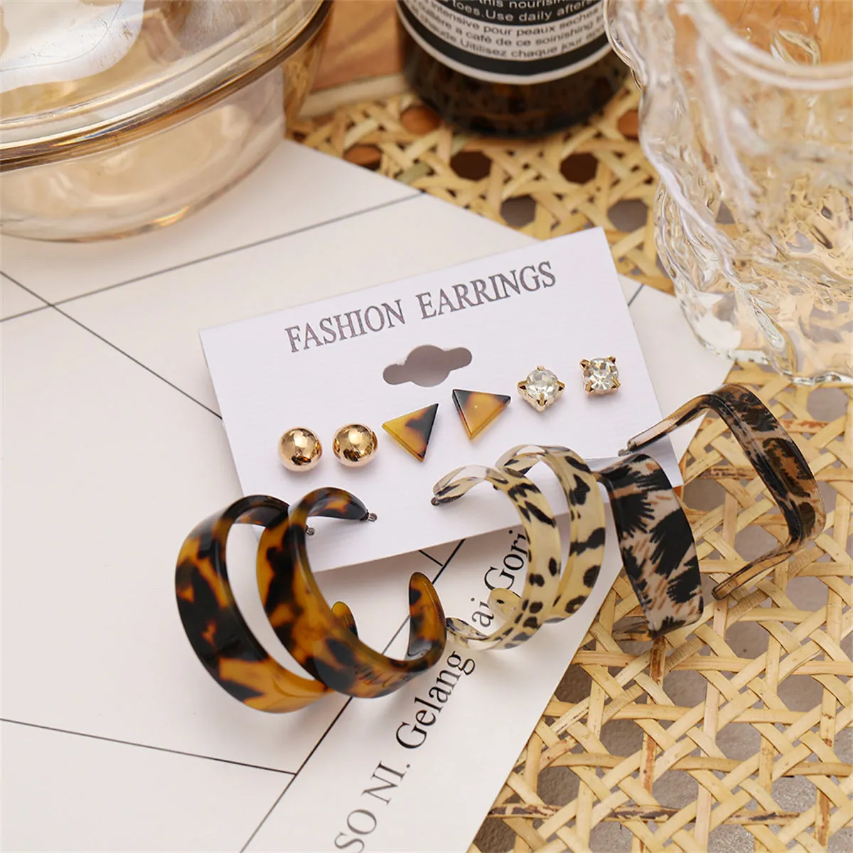 Cubic Zirconia & Acrylic 18K Gold-Plated Leopard Hoop Earrings Set