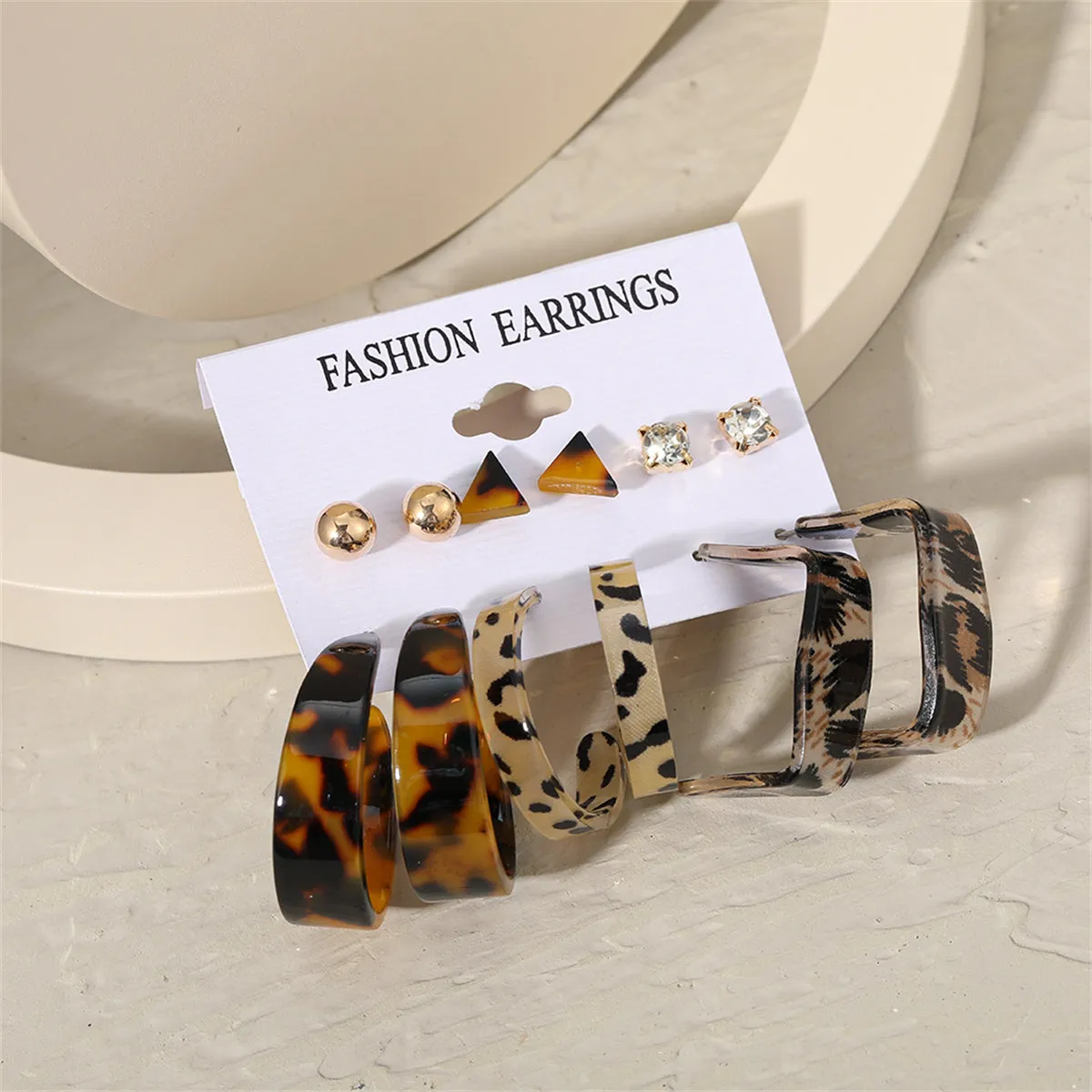 Cubic Zirconia & Acrylic 18K Gold-Plated Leopard Hoop Earrings Set