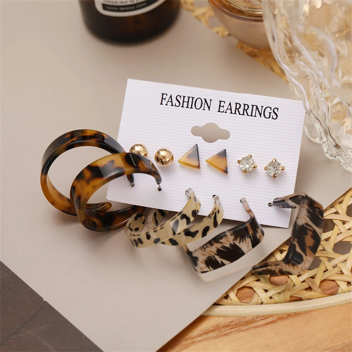 Cubic Zirconia & Acrylic 18K Gold-Plated Leopard Hoop Earrings Set