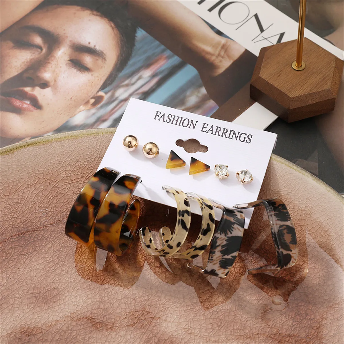 Cubic Zirconia & Acrylic 18K Gold-Plated Leopard Hoop Earrings Set