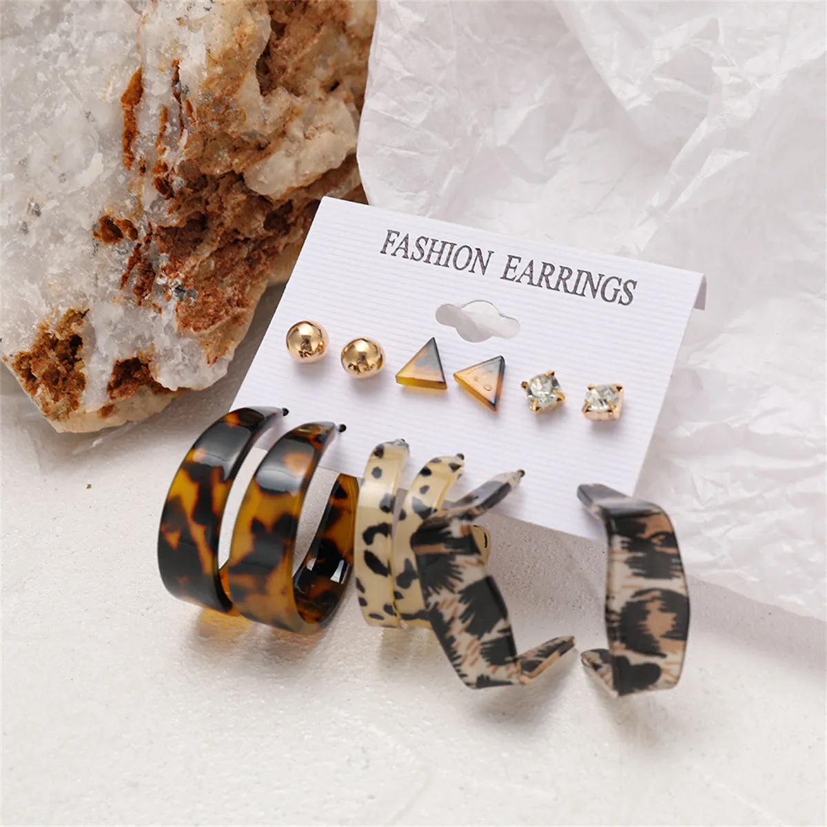 Cubic Zirconia & Acrylic 18K Gold-Plated Leopard Hoop Earrings Set