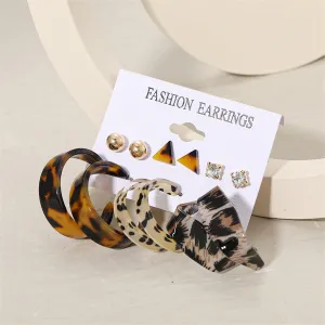 Cubic Zirconia & Acrylic 18K Gold-Plated Leopard Hoop Earrings Set