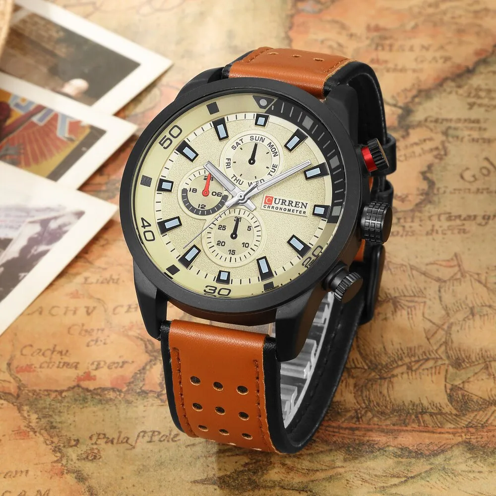 CURREN Mens Watches Top Brand Luxury Chronograph Waterproof Quartz Watch Men Military Leather Sports Watches Man Clock Analog