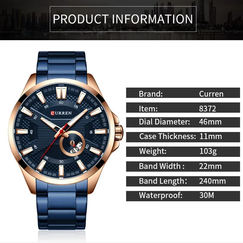 CURREN Watch Top Brand Luxury Black Steel Quartz Wrist Watch Men Fashion Sports Waterproof Military Clock Mens Analog Watches