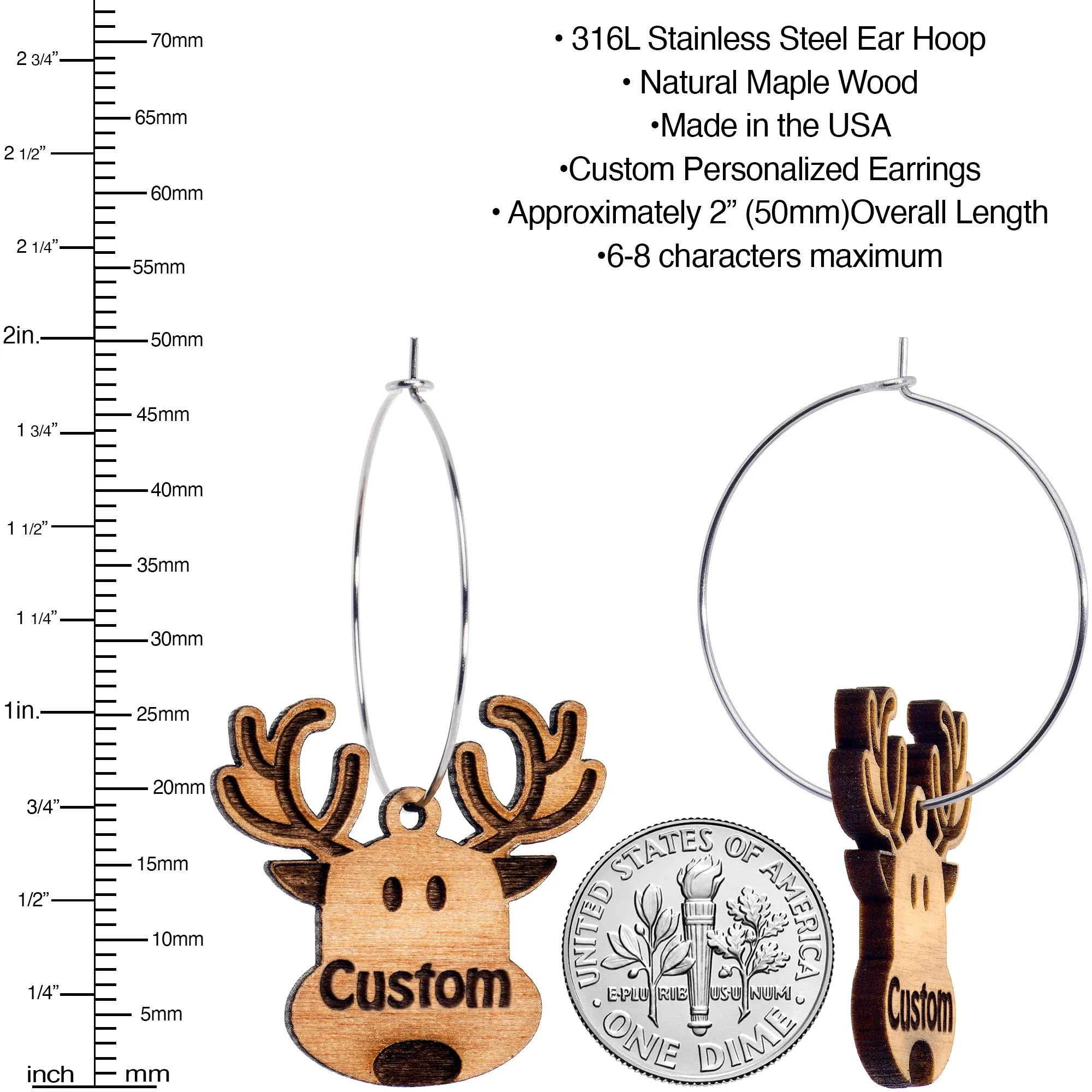 Custom Natural Wood Holiday Reindeer Personalized Hoop Earrings