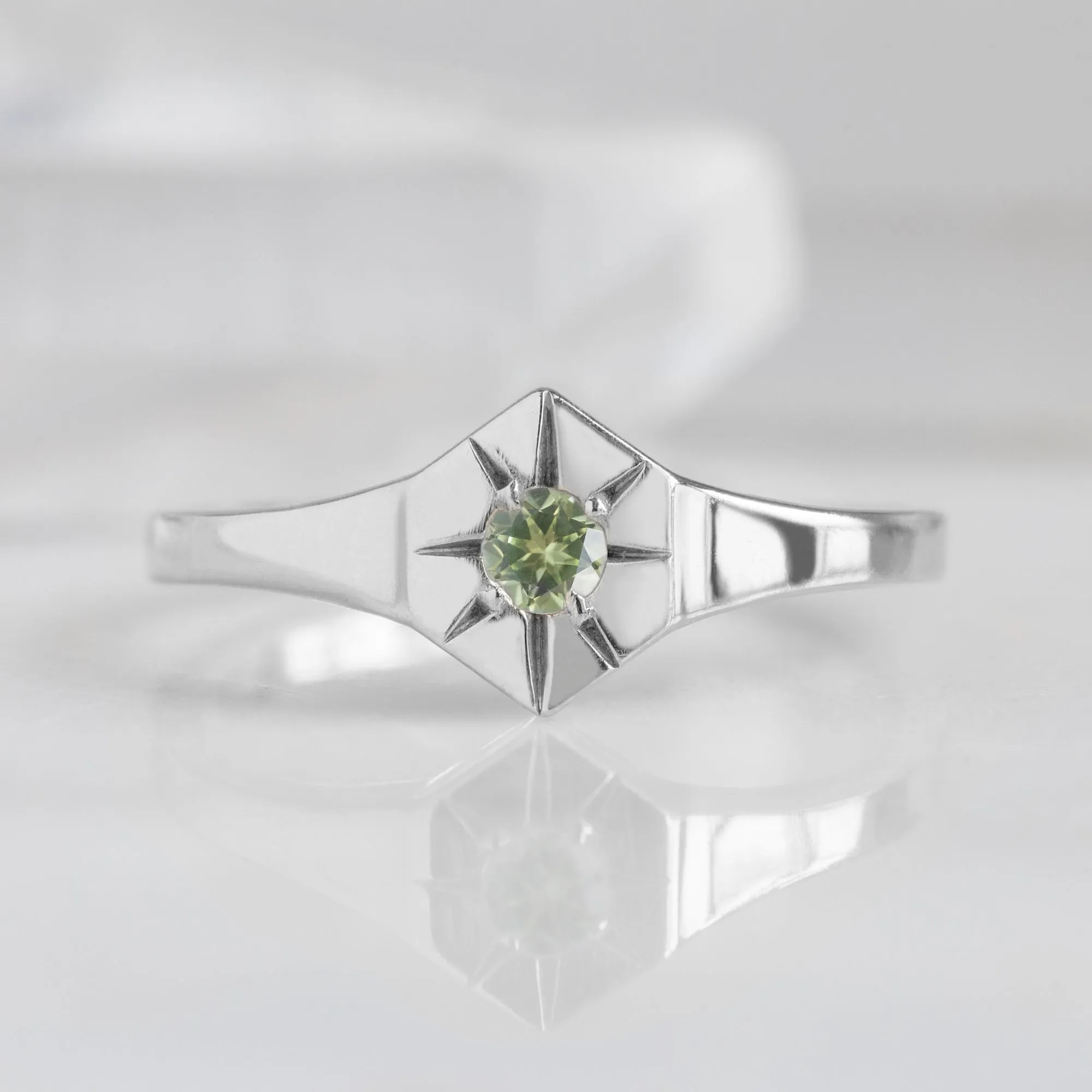 Custom Peridot Birthstone Signet Ring | 10K White Gold