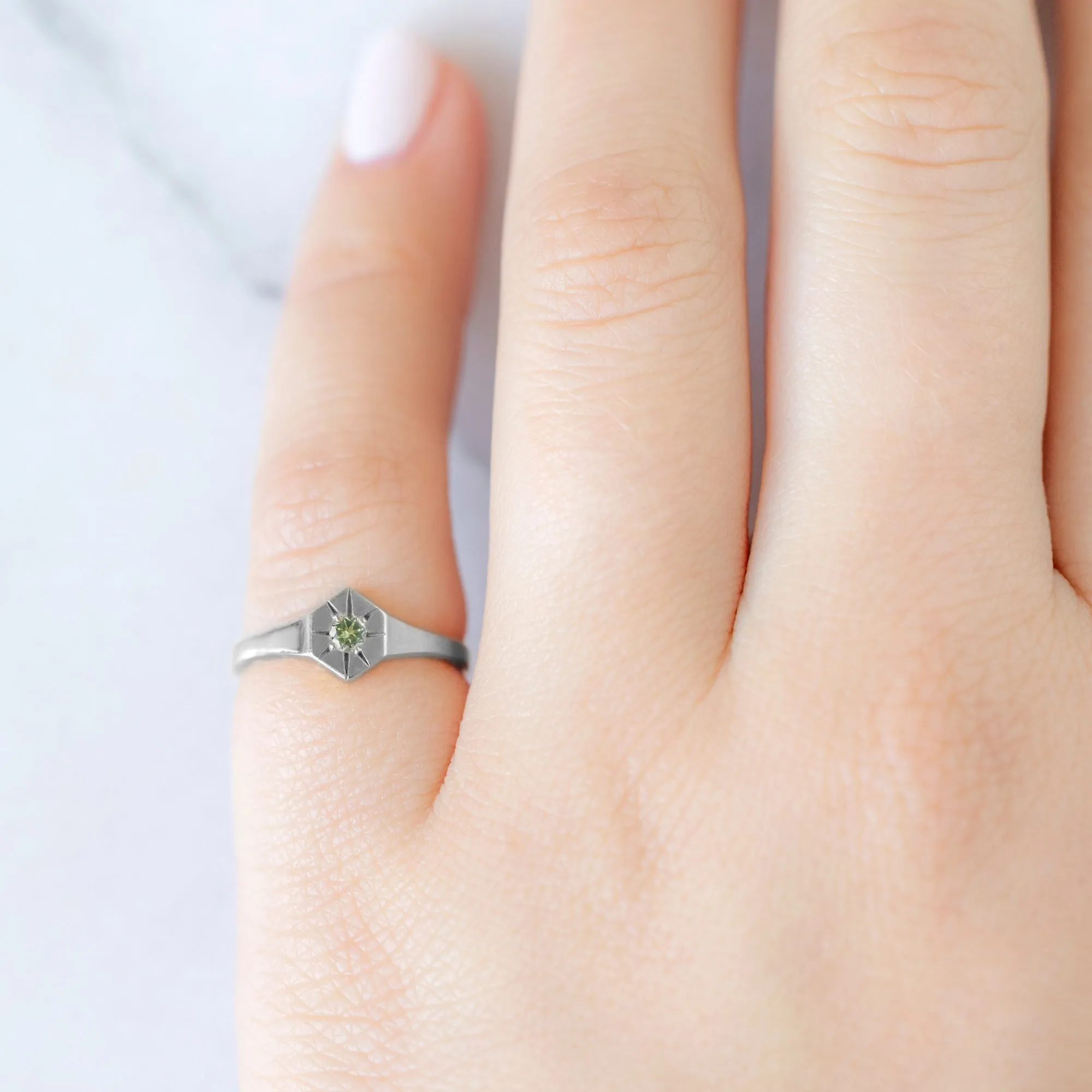 Custom Peridot Birthstone Signet Ring | 10K White Gold