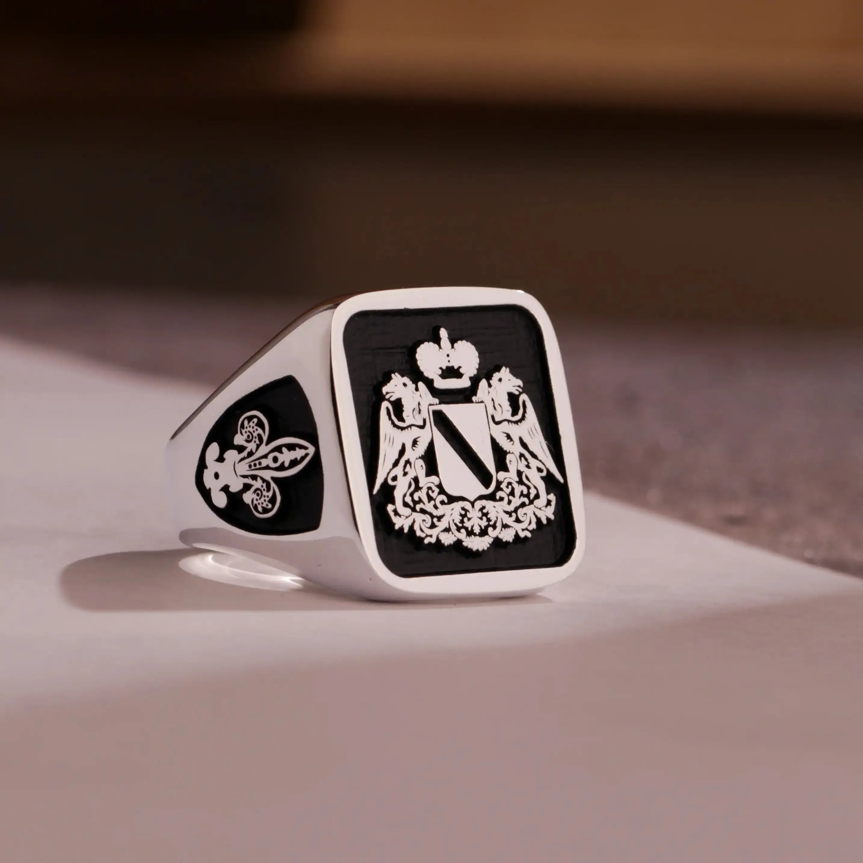 Custom Ring - 925 Silver - Raised Design with Black Inlay and Side Engravings