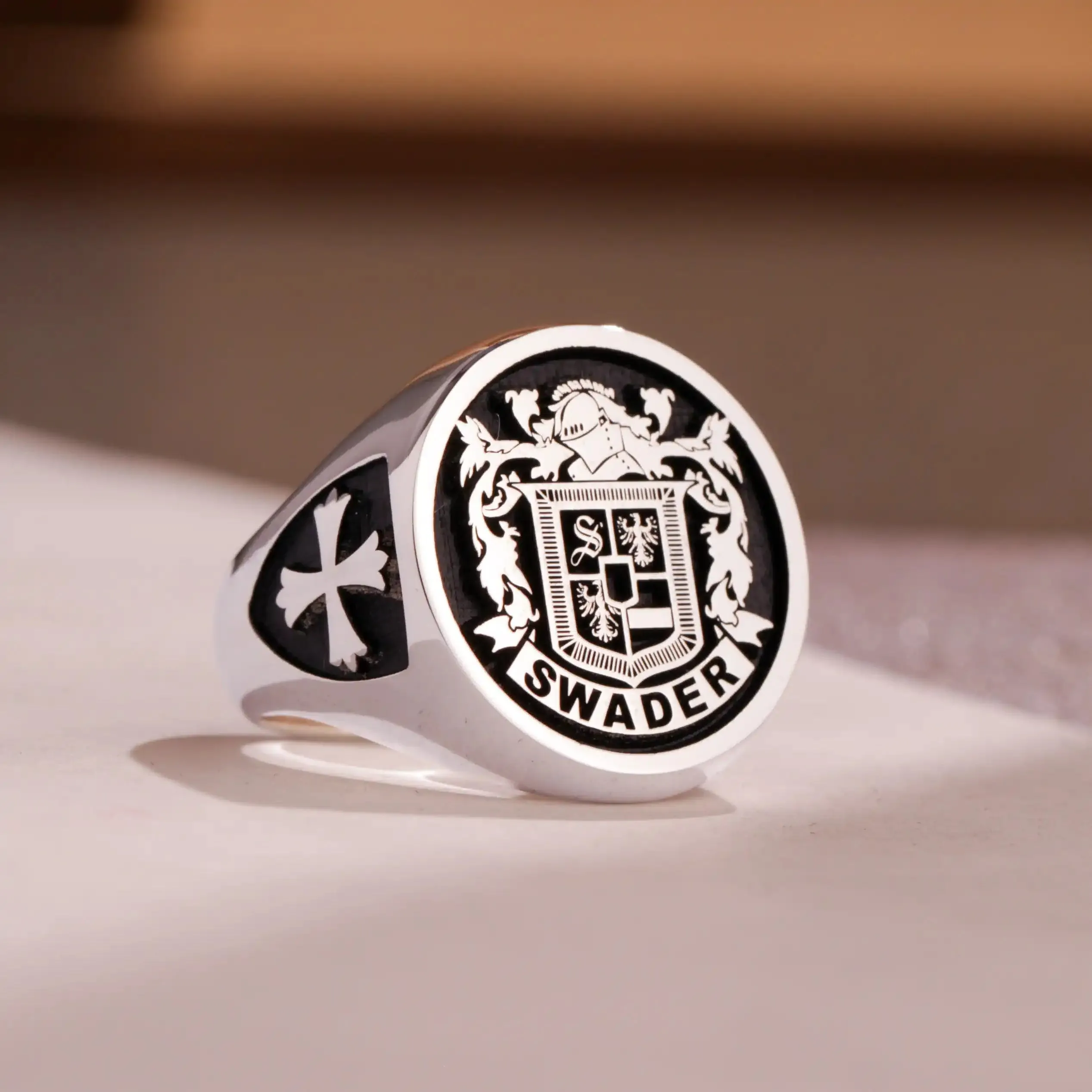 Custom Ring - 925 Silver - Raised Design with Black Inlay and Side Engravings