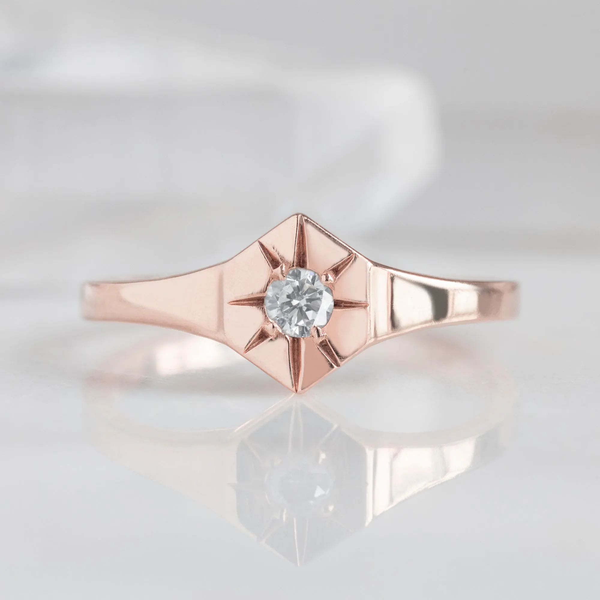 Custom White Diamond Birthstone Signet Ring | 10K Rose Gold