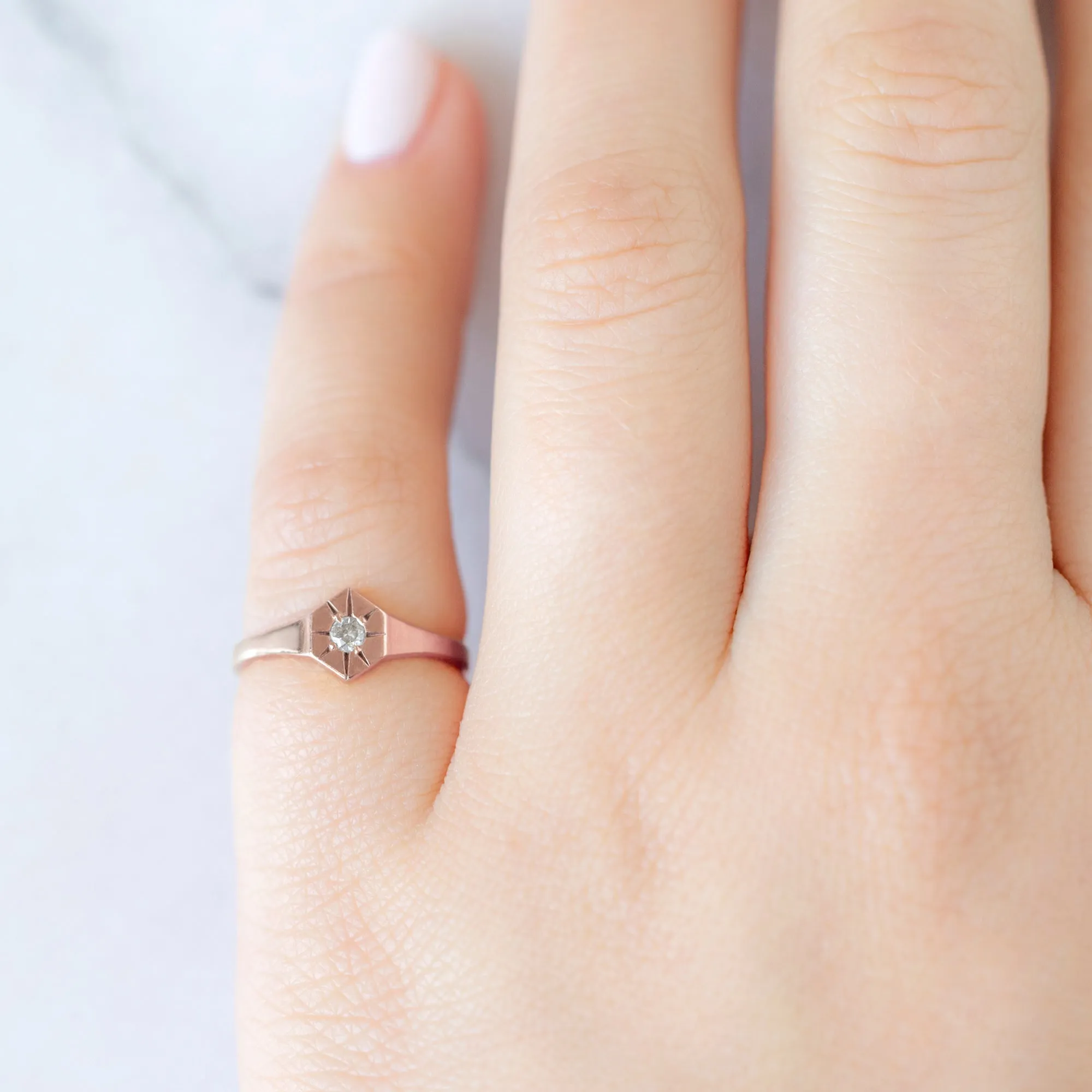 Custom White Diamond Birthstone Signet Ring | 10K Rose Gold