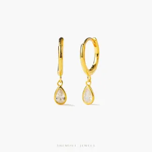 Dainty Teardrop White Gem Dangle Hoop Earring, Unisex, Gold, Silver SHEMISLI SH675