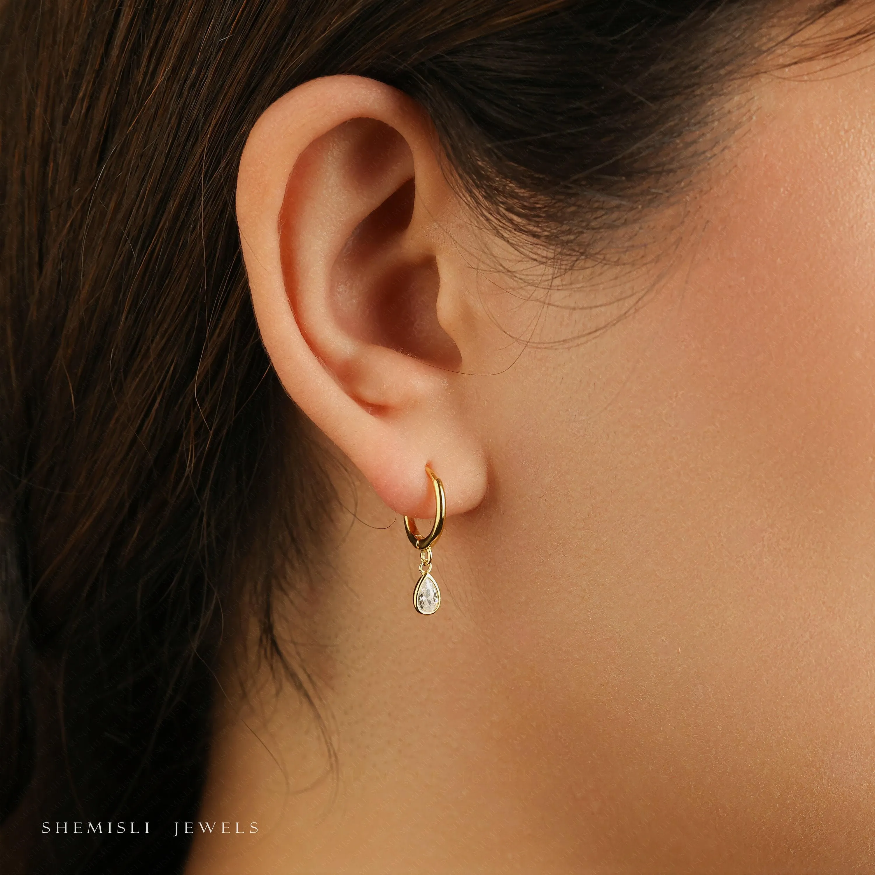 Dainty Teardrop White Gem Dangle Hoop Earring, Unisex, Gold, Silver SHEMISLI SH675