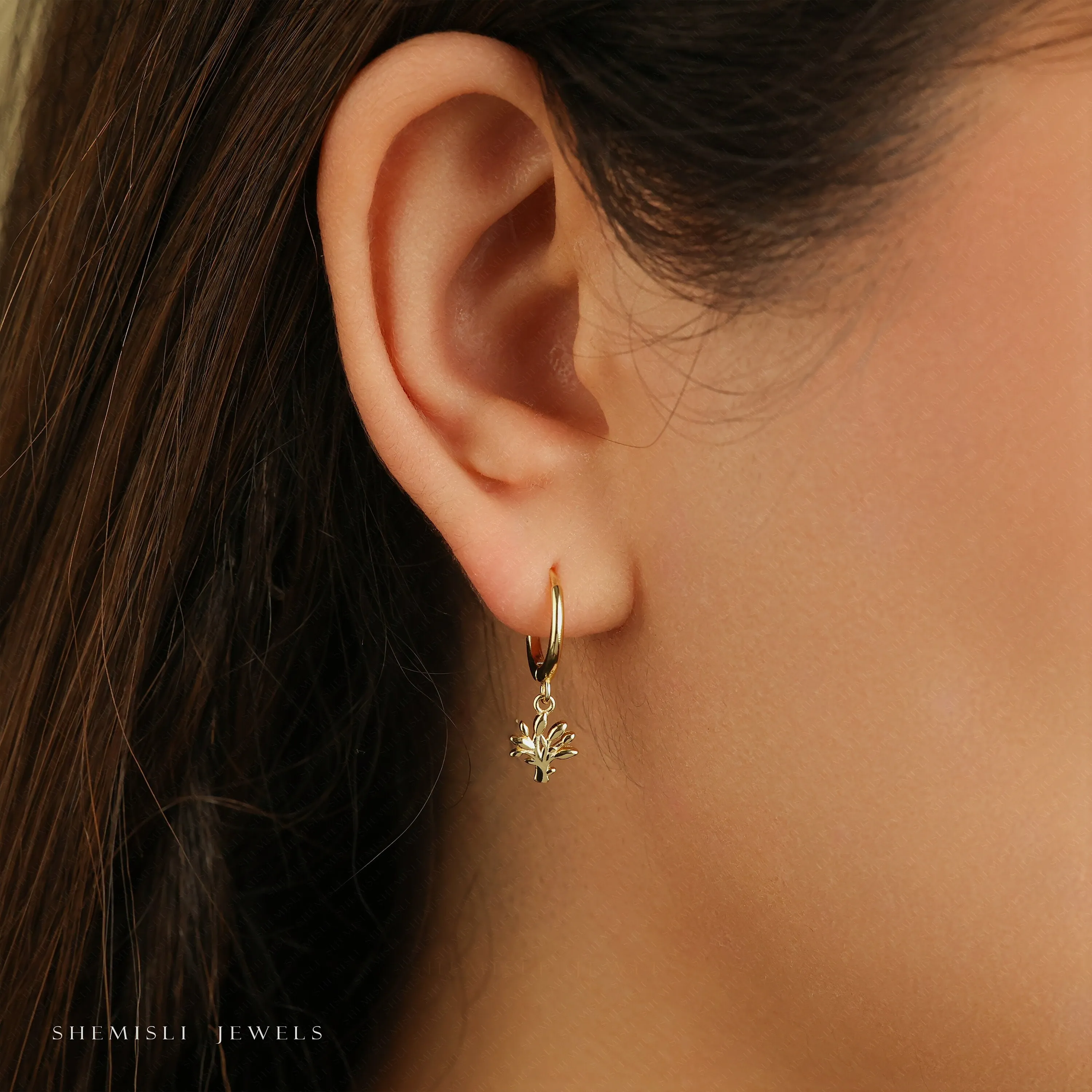 Dainty Tree Dangle Hoop Earring, Unisex, Gold, Silver SHEMISLI SH672