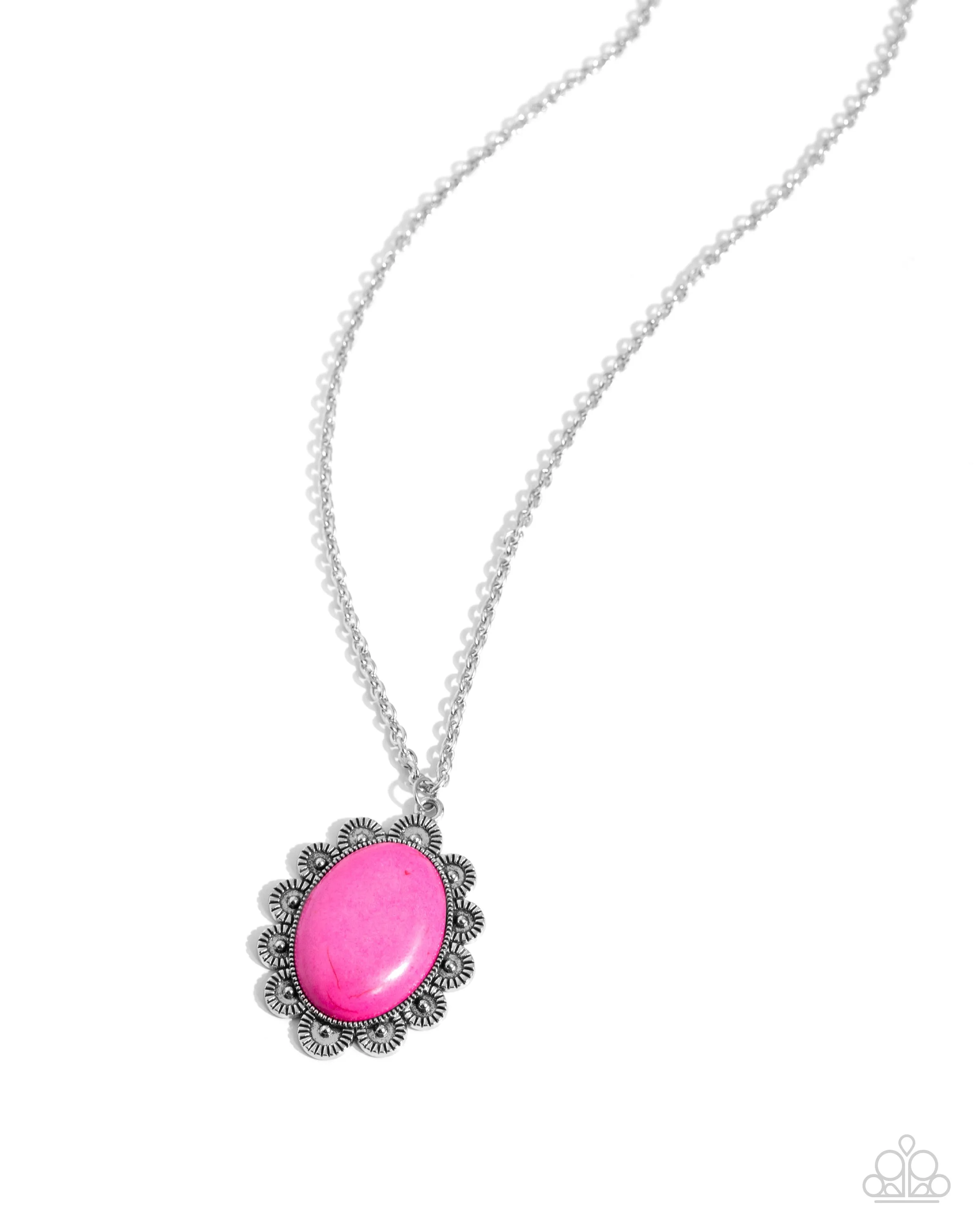 Daisy Dotted Deserts - Pink - Oval Stone Center Silver Flower Paparazzi Short Necklace