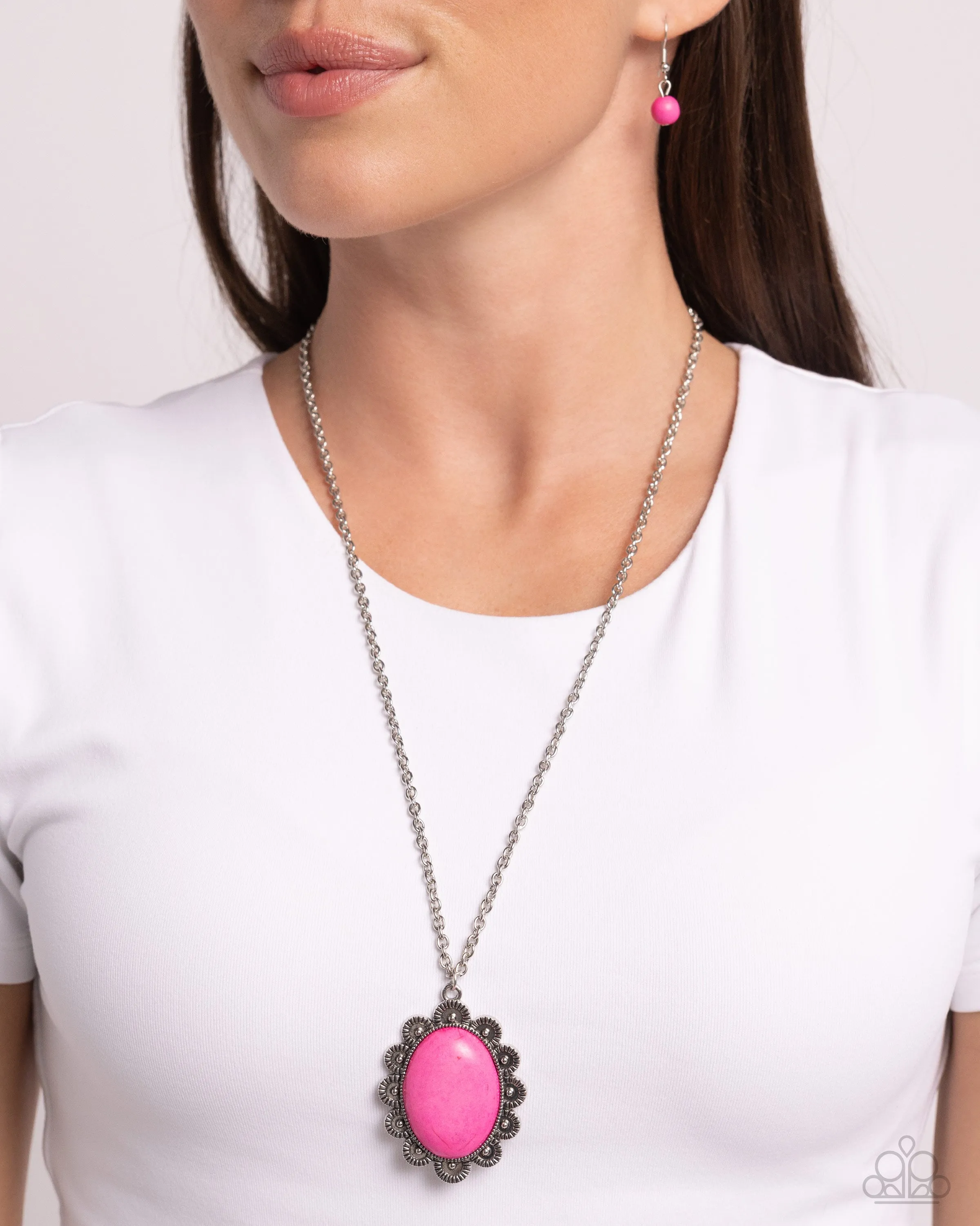 Daisy Dotted Deserts - Pink - Oval Stone Center Silver Flower Paparazzi Short Necklace