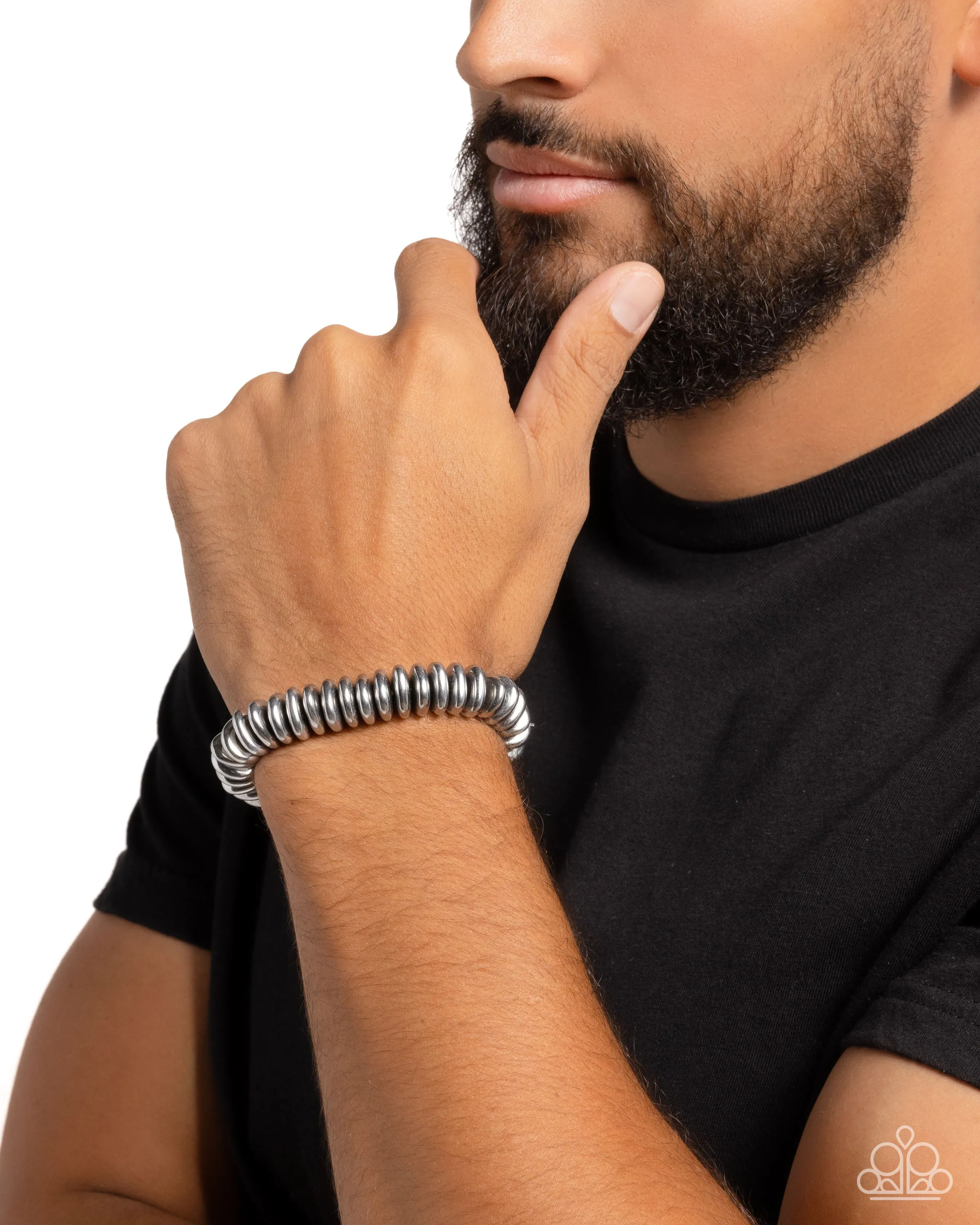 Dynamic Discs - Silver - High Sheen Disc Paparazzi Stretchy Men's Urban Bracelet