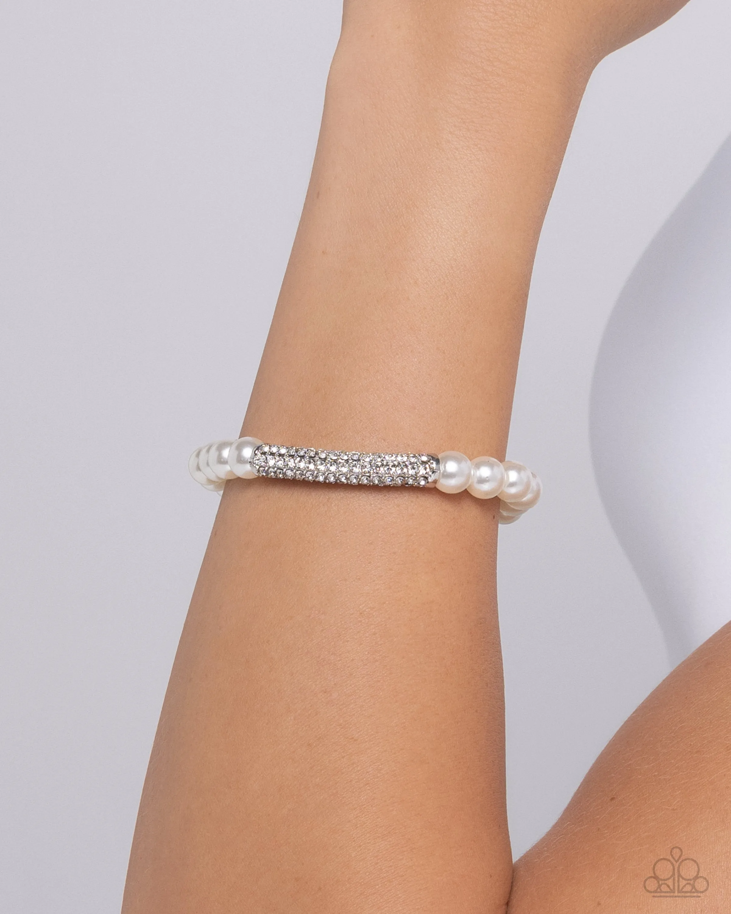 Elegance Embodied - White - Rhinestone and Pearl Paparazzi Stretchy Bracelet