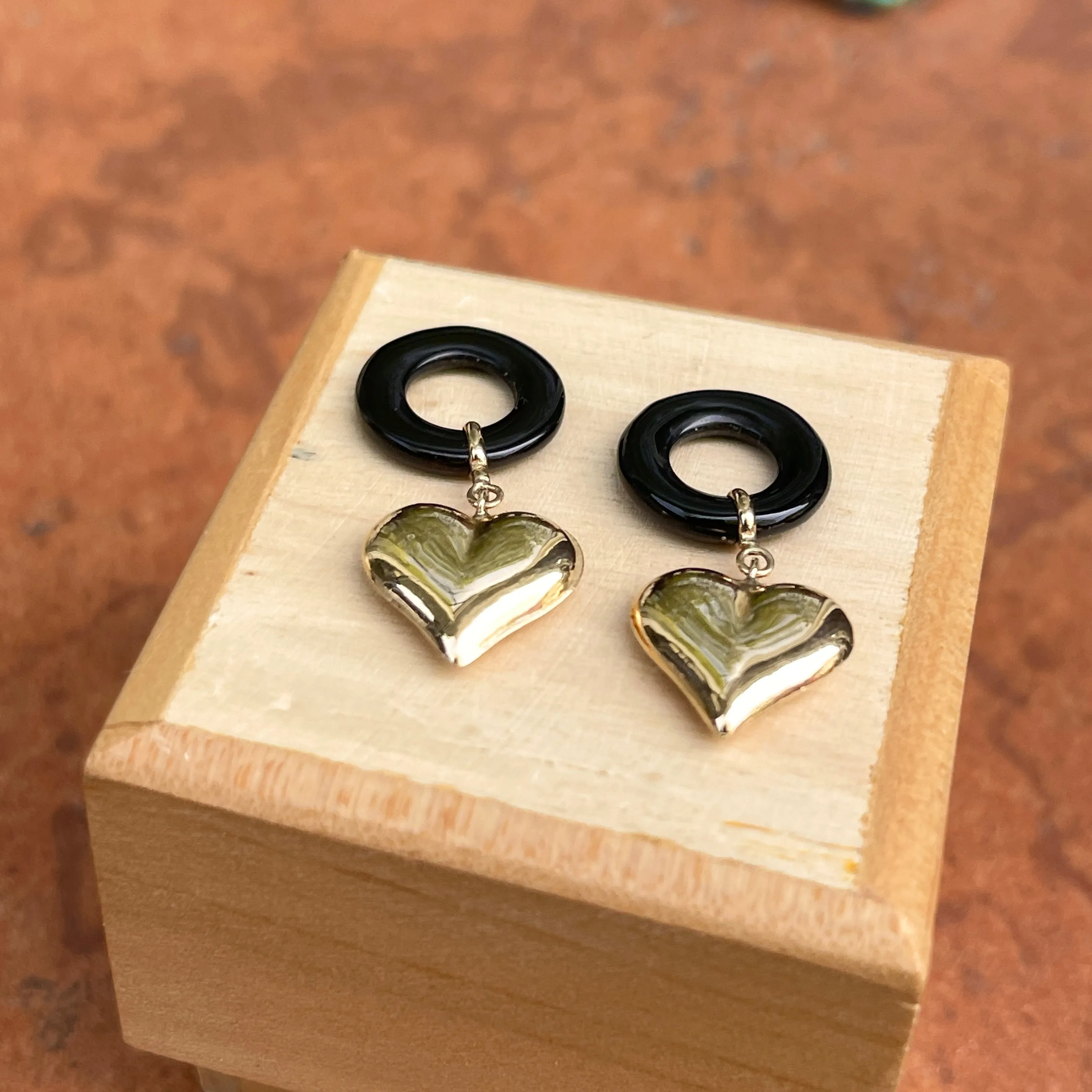 Estate 14KT Yellow Gold Black Onyx   Heart Earring Charms