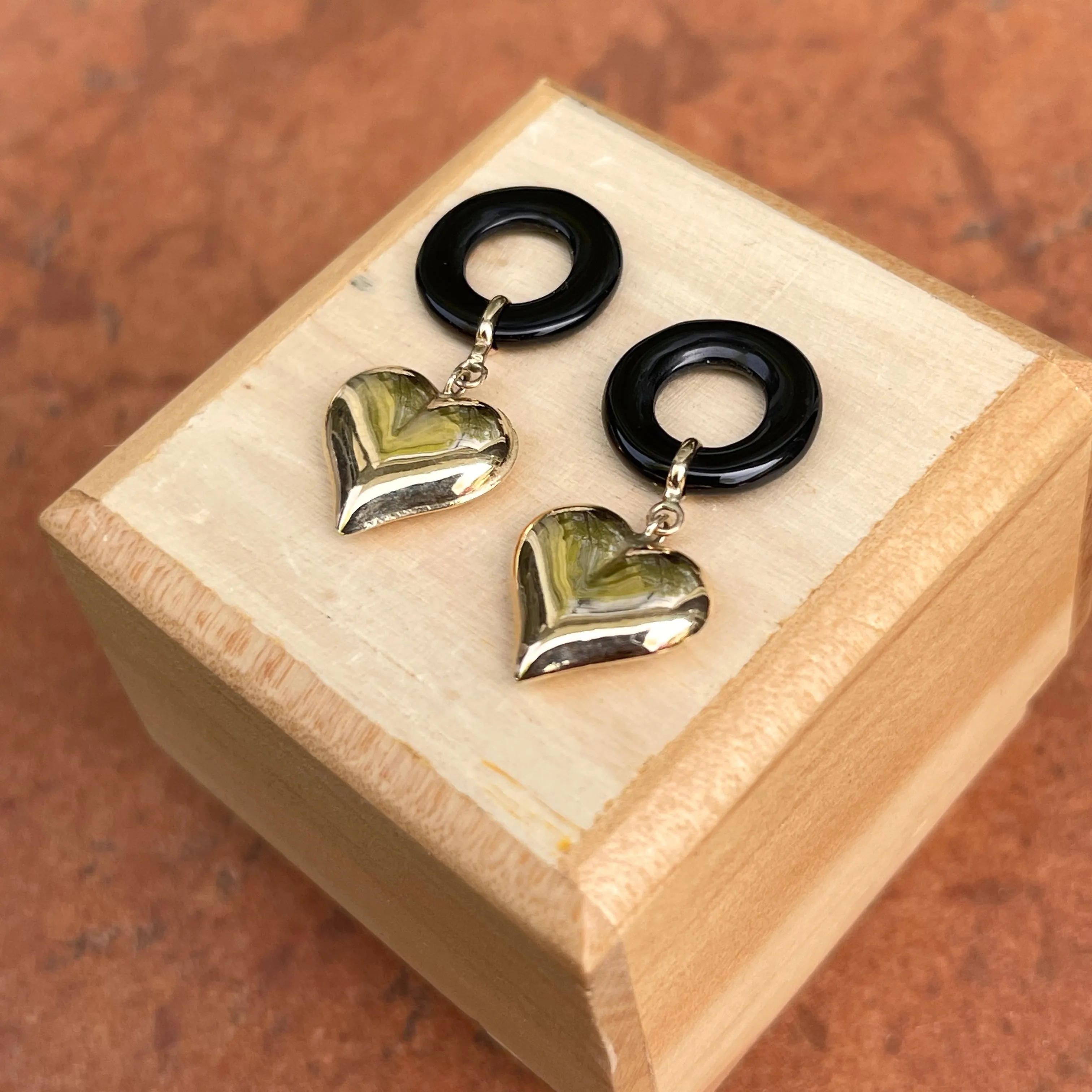 Estate 14KT Yellow Gold Black Onyx   Heart Earring Charms