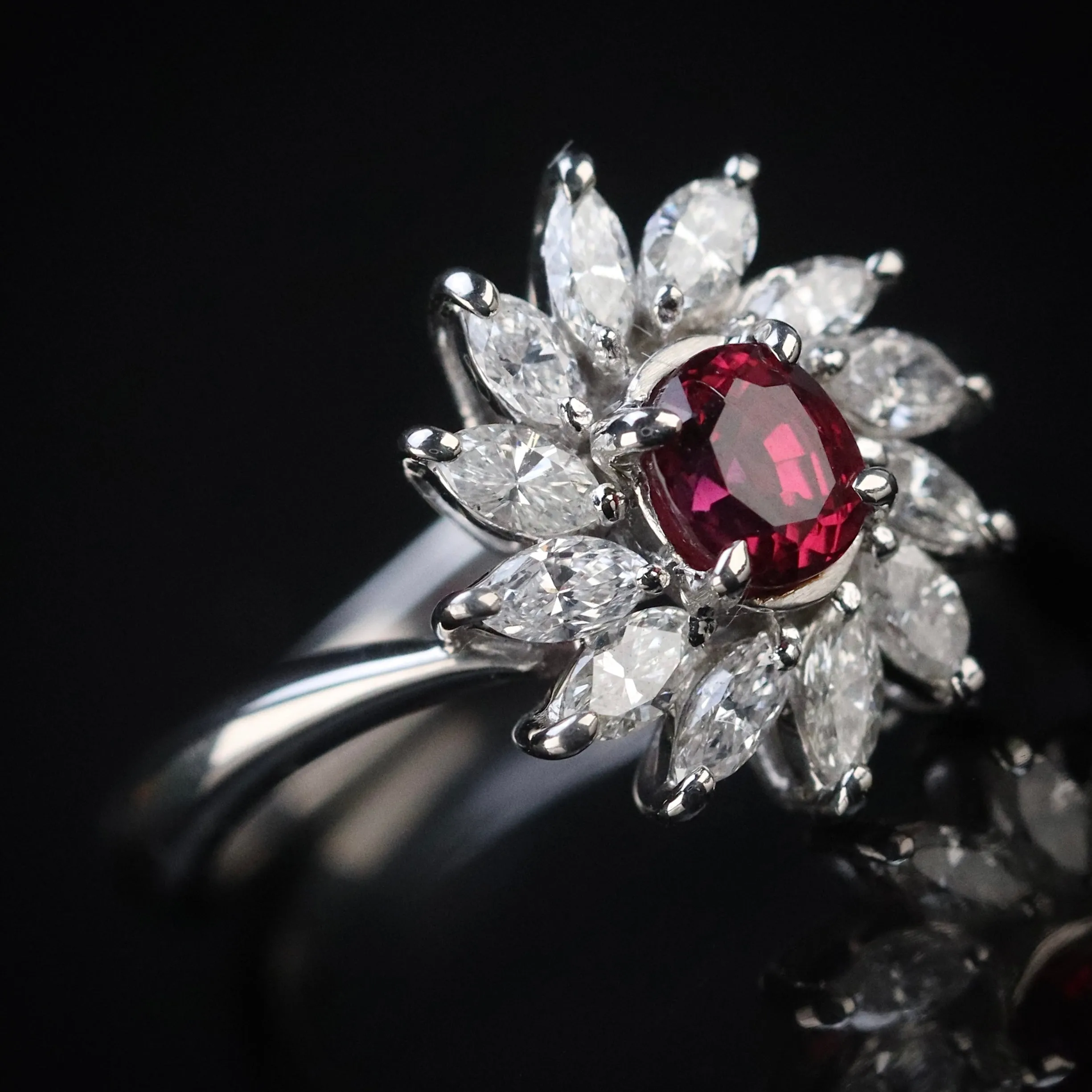 Estate Ruby & diamond cluster ring in platinum
