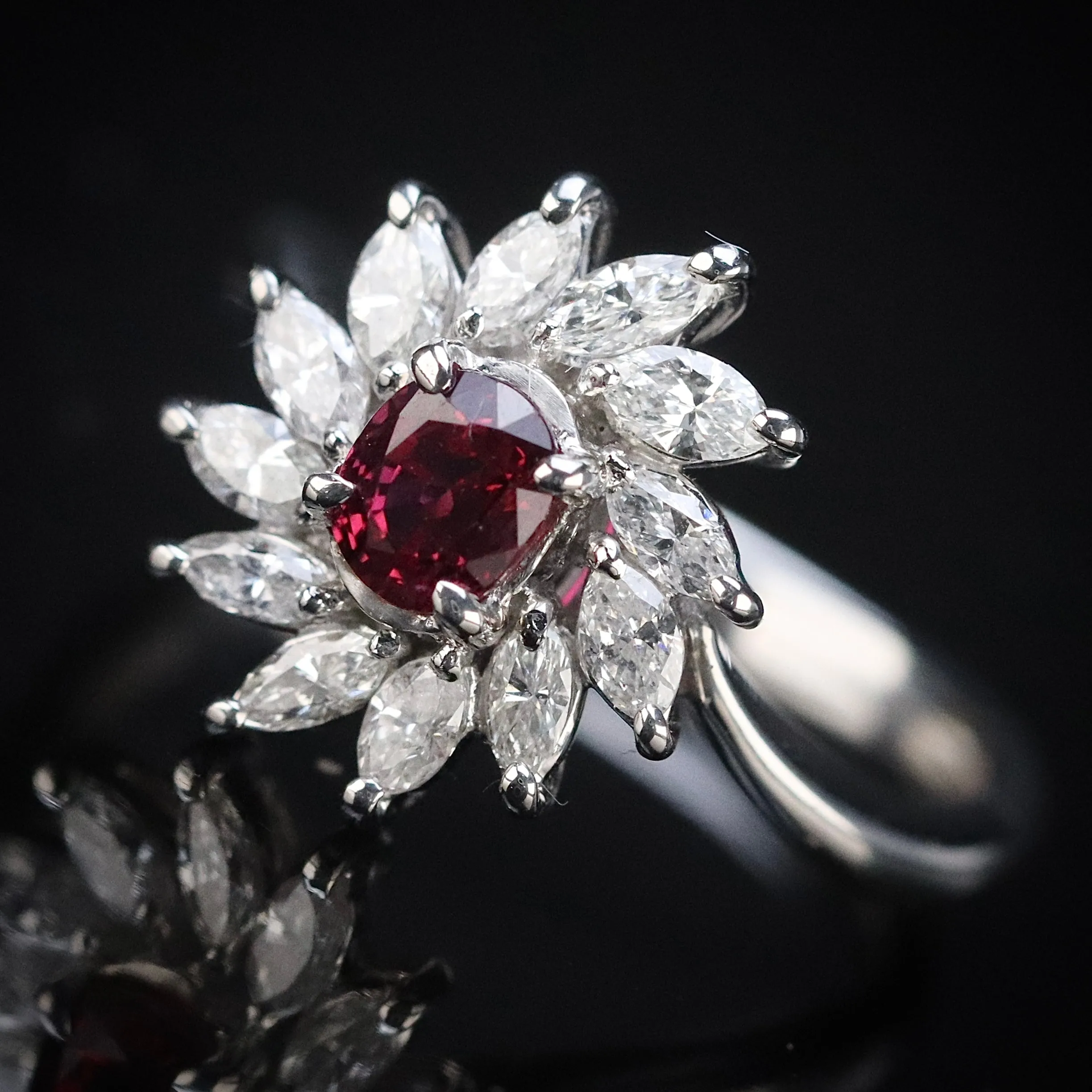 Estate Ruby & diamond cluster ring in platinum